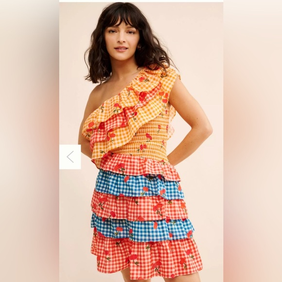 Farm Rio for Anthropologie Cherry Gingham Ruffle One Shoulder Mini Dress Medium - Picture 1 of 9